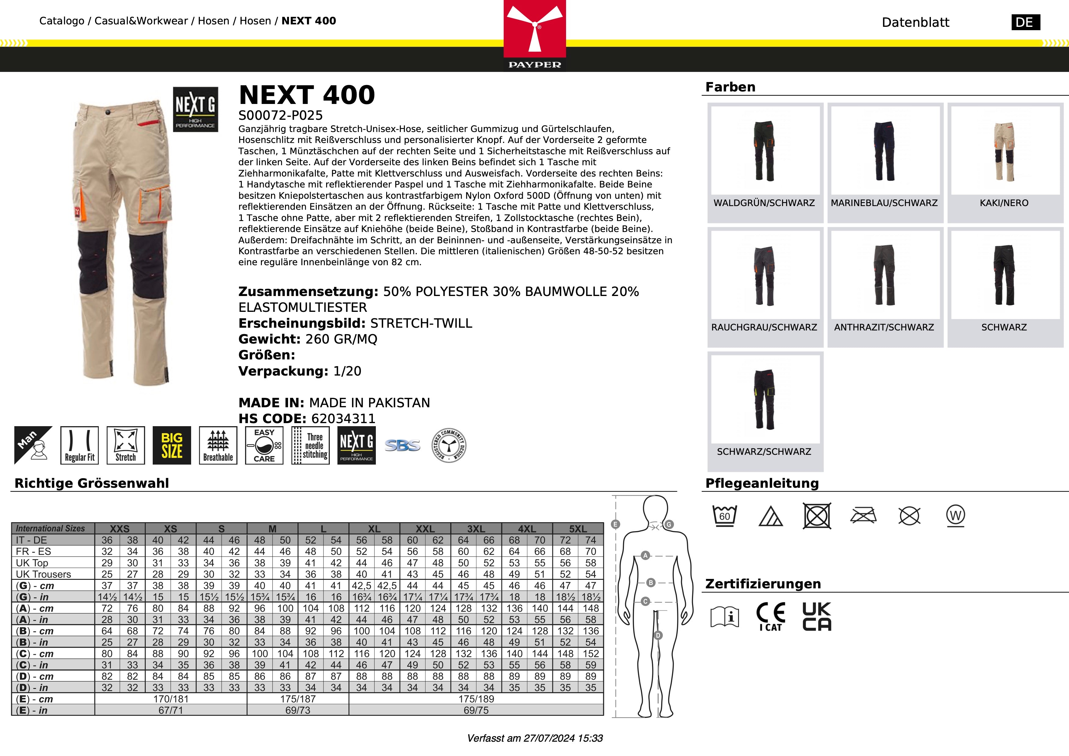 2-WEGE STRETCH UNISEX ARBEITSHOSE NEXT 400